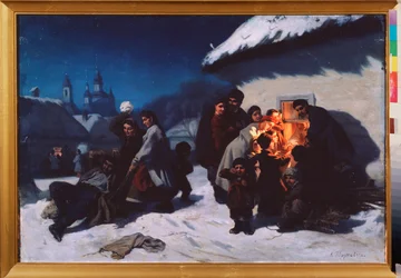 Le cantique de Noel en Ukraine (ウクライナのクリスマスキャロル) - Konstantin Alexandrovich Trutovsky (Troutovsky) (1826-1893) による絵画、キャンバスに油彩