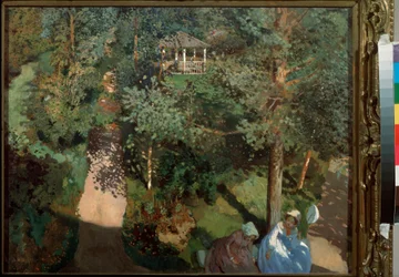 自信。 （木のある公園のベンチにいる2人の女性。）コン​​スタンチン（コンスタンチン）アンドレーエヴィッチ・ソモフ（1869-1939）による絵画、ボール紙に油彩