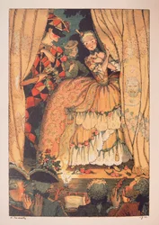 Franz Blei による「Le Livre de la Marquise」のイラスト (Franz Blei による Marquise の書のイラスト) (ハーレクインを脇に置いて、劇場の舞台幕を上げるマーキス) - コンスタンチン (コンスタンチン) アンドレイヴィッチ ソモフ作 ( 1869-19
