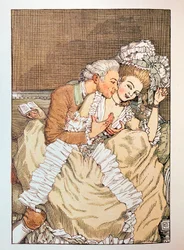 Franz Bleiによる「Le Livre de la Marquise」のイラスト（Franz BleiによるMarquiseの本のイラスト）（せっかちな恋人と冗談を言う侯爵夫人） - Konstantin（Constantin）Andreyevich Somov（1869-1939）による作品、エッチング