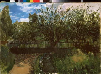 小さな庭。 コンスタンチン（コンスタンチン）アンドレーエヴィッチ・ソモフ（1869-1939）による絵画、キャンバスに油彩
