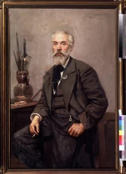 芸術家コンスタンチン・サヴィツキー (1844-1905) の肖像 (芸術家 K. サヴィツキーの肖像)。 Nikolai Karlovich Grandkovsky (1864-1907) の絵画、キャンバスに油彩
