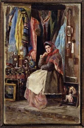 Boutique de curiosites (キュリオシティ ショップ)。 Peinture de Konstantin Yegorovich Makovsky (Constantin Makovski) (1839-1915), huile sur toile. Art russe 19e siecle. M.Tuganov Art Museum of the North Ossetian, Vladikavkaz (Vladicaucaze) (ロシア).