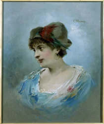 バレリーナ マリー プティパ (1857-1930) の肖像 (バレエ ダンサーのマリー プティパの肖像)。 Konstantin Yegorovich Makovsky (Constantin Makovsky) (1839-1915) による絵画、キャンバスに油彩、1900 年頃。20 世紀のロシアの芸術。 州立劇場とムス美術館