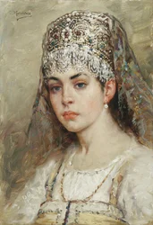 ボヤールの女性の肖像 (boiard, boiar): 彼女はサラファンのドレスを着て、伝統的な髪型であるココシニクを頭にかぶっている - Konstantin Yegorovich Makovsky (Constantin Makovski) による絵画 (1839-1915)