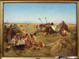 収穫期の農民の食事。 （収穫時の農民の食事）。 Konstantin Yegorovich Makovsky (Constantin Makovsky) (1839-1915) による絵画、キャンバスに油彩