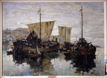 ""ボート。 コンスタンチン (コンスタンチン) ゴルバトフ (1876-1945) による「ノヴゴロド大王」の絵画 1912 地域美術館、ヴォルゴグラード