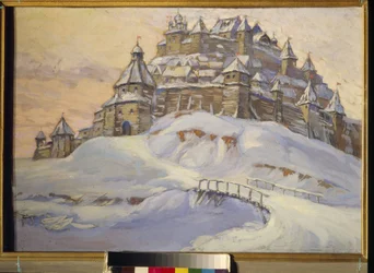 古いロシアの要塞。 (中世のウクライナの雪の下にある木造の要塞都市)。 コンスタンチン (コンスタンチン) イワノビッチ ゴルバトフ (1876-1945) の作品、木にテンペラ、20 世紀初頭。 プライベート コレクション。