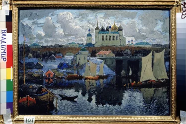 ノヴゴロド (ロシア) の橋 (ノヴゴロド、桟橋)。 コンスタンチン（コンスタンチン）イワノビッチゴルバトフ（1876-1945）による絵画、キャンバスに油彩