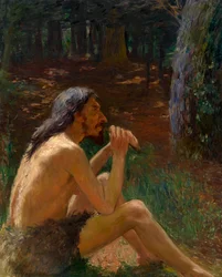 フルートを演奏する穴居人 - Konstantin Pavlovich Kuznetsov (1863-1936) による絵画、キャンバスに油彩 (95x77 cm)、19 世紀から 20 世紀のロシア美術 - 個人蔵