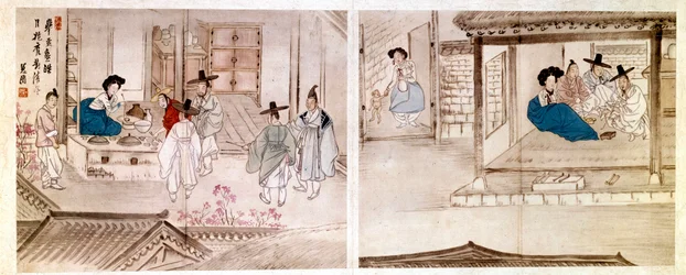 アートコリーン：芸者の家の風景。1758年の版画。個人蔵。