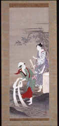 三島の玉川の二人の美女（墨、胡粉、絹本彩色）