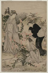 ブッシュクローバーの枝を切る女性たち、1780年代後半、近江地方の野地多摩川...