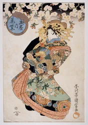 Courtesan Hanamurasaki from Tamaya teahouse, Ca 1830, Ukiyo-e art print by Utagawa Kunitomi (active 1810-1830), Oban-tate-e woodcut, 38.2x26.5 cm, Japanese civilization