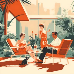 庭でくつろぐ3人の友人たち。