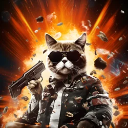 黒と白の水玉模様のシャツを着て、ピカピカのサングラスをかけた猫の映画ポスター。背景は爆発と大砲。