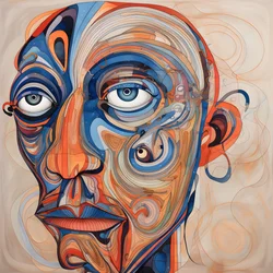 顔、目はスパイラル、鼻は鳥...1