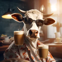 冷たいコーヒーを眺めるサングラスの牛 1