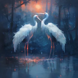 美しく、ゴージャスで、映画のような絵画、雨の中でキスする2羽の鶴 2