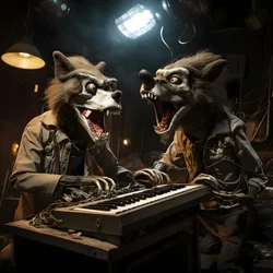 不気味で、毛むくじゃらで、壊れた動物のアニマトロニクスがステージで音楽を演奏する 1