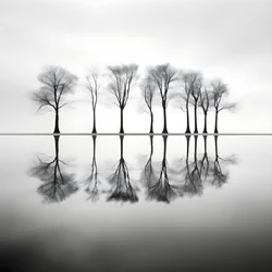 水辺の木々のモノクロ写真 4