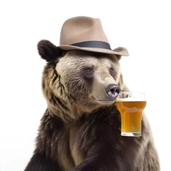 白地にビールジョッキを持った帽子をかぶった熊の横顔。