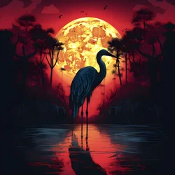 満月の夕暮れに佇む水と大きな鳥 2