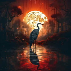 満月の夕暮れに佇む水と大きな鳥 3