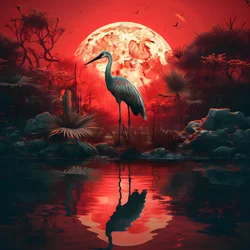 満月の夕暮れに佇む水と大きな鳥 4