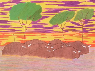 水牛の行進, 2004 (紙に色鉛筆)