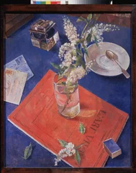 グラスに桜の枝。 コップ一杯の水の下には、「生きた芸術」と題された赤いノート。 Kuzma Sergeyevich Petrov Vodkin (Petrov-Vodkin) (Kouzma Petrov Vodkin) (Petrov-Vodkin) (1878-1939)、キャンバスに油彩による絵画