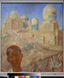La necropole Shah I Zinda. サマルカンド（ウズベキスタン）。 Peinture de Kuzma Sergeyevich Petrov Vodkin (Petrov-Vodkin) (Kouzma Petrov Vodkine) (Petrov-Vodkine) (1878-1939), huile sur toile