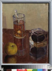 墨壷のある静物。 Kuzma Sergeyevich Petrov Vodkin (Petrov-Vodkin) (Kouzma Petrov Vodkin) (Petrov-Vodkin) (1878-1939)、キャンバスに油彩による絵画