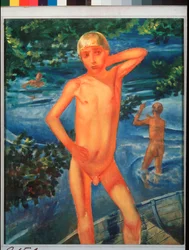男の子の水浴び。 Kuzma Sergeevich Petrov Vodkin (Petrov-Vodkin) (Kouzma Petrov Vodkin) (Petrov-Vodkin) (1878-1939)、キャンバスに油彩による絵画