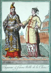 ジュール・グラッセ・ド・サン＝ソーヴル（1757-1810）の衣装研究のひとつである「中国の皇帝と高貴な女性」1796年（カラーエングレーヴィング）