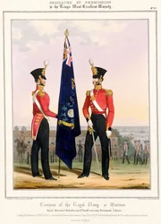 英国海軍と海兵隊のコスチューム。英国海兵隊（下士官） 2d.中尉、1832年頃（カラーリトグラフ）