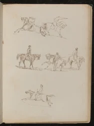 様々なポーズの男性騎手を乗せた馬の習作6点、ピストルを構えた馬の習作1点（ペンとインク