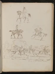 馬に乗った兵士の習作、群像には「Charge of Garibaldian Cavalry」の銘がある（ペンとインク