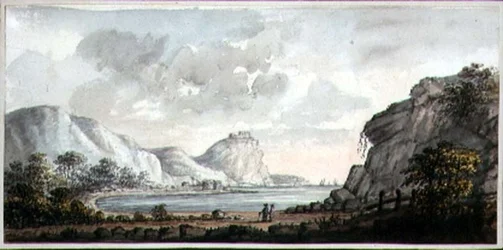 湾を見下ろす二人の人物のいる風景」1825年頃（紙に水彩画）