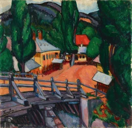 Tihanyi, Lajos（1885-1938）の「Paysage avec un pont - Landscape with a bridge（橋のある風景）」。油彩・キャンバス