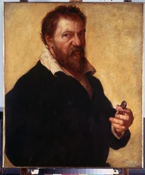 自画像（自画像）。 眼鏡を手に持った芸術家のポートレート。 ランバート・ロンバード (1505-1566) の絵画
