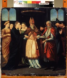 マリアとヨセフの結婚 (マリアとヨセフの結婚)。 ランバート ロンバード (1505-1566) の絵画。 ルネサンス芸術。 木に油彩。 地方美術館、ウジホロド (Uzhgorod または Uzhgorod)、ウクライナ