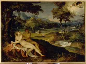 木星とイオ。 Lambert Sustris (1515 年または 1520 年 - 1591 年以降) による絵画、キャンバスに油彩、1558 年から 1563 年の間。イタリア美術 (ヴェネツィア)