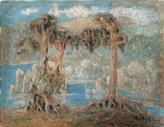 「風景」海辺の痩せた木々、ノルウェー - Lars Hertervig (1830-1902) による絵画、1902 国立美術館、オスロ ノルウェー