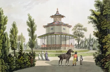 ヨハンツィーグラー（c.1750-c.1812）によって彫刻された、アイスグロブにあるリヒテンシュタイン宮殿の中国の夏の家の眺め、1792