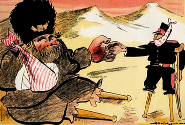 未来同盟「こんな風に始めるべきだった！」 ・ロシアと日本が握手。 1904年（石版）