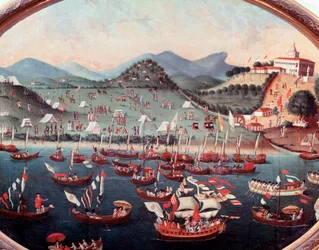 ブラジル・リオデジャネイロのラザロ病院（Lazarus）前の海の行列 レアンドロ・ジョアキム（1738-1798）の水彩画 18世紀 リオデジャネイロ、国立歴史博物館