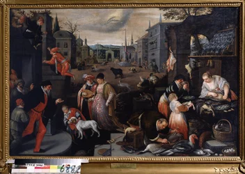 「ル・モワ・ド・フェヴリエ」（2月） カーニバル時期の散歩風景。 空の魚座記号。 Leandro Bassano da Ponte (1557-1622) 作 1595-1600 Dim. 144x190 cm State Art Museum Tula Russia
