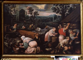 「5月」（5月） ヤギの乳搾り、チーズ作り。 空のジェミニ サイン シンボル。 Leandro Bassano da Ponte (1557-1622) による絵画 1595-1600 State Art Museum Tula Russia