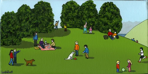 2015年丘の上でのピクニック（キャンバス上のアクリルとインク）